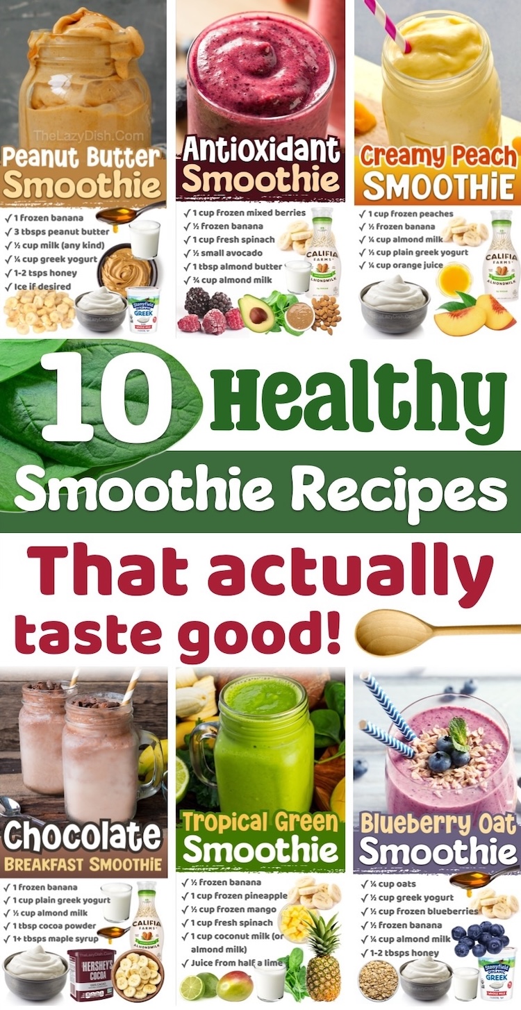 I've rounded up a list of healthy and easy smoothie recipes you'll want to sip on all summer long! Everything from chocolate and peanut butter to peach, strawberry, pineapple, spinach, and more. Enjoy these yummy smoothie ideas for a quick breakfast or cold treat during the day. They are all kid approved and fast to make in your blender with common ingredients. A great way to load up on vitamins and protein! 