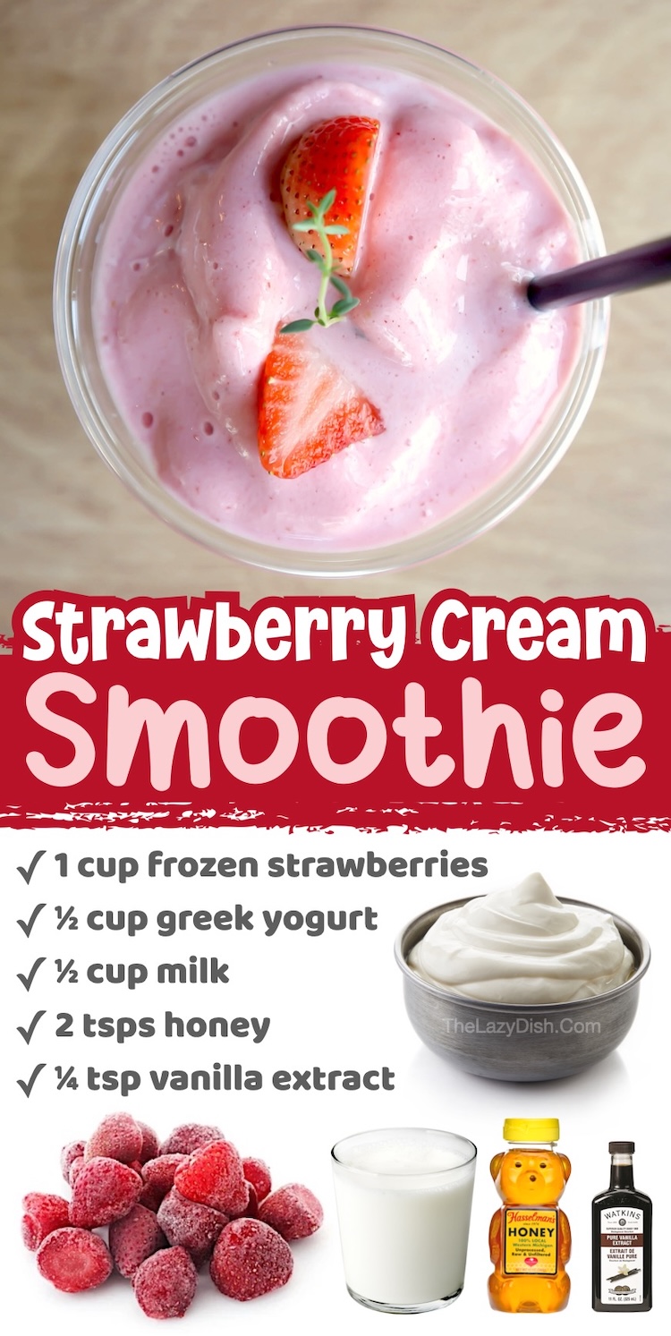 Number 8 on The List of Fruit Smoothie Recipes To Make This Summer | Everyone loves strawberries and cream, and this easy smoothie is no exception. Just blend together frozen strawberries with yogurt, milk, and honey to make this cold breakfast or after lunch snack. 