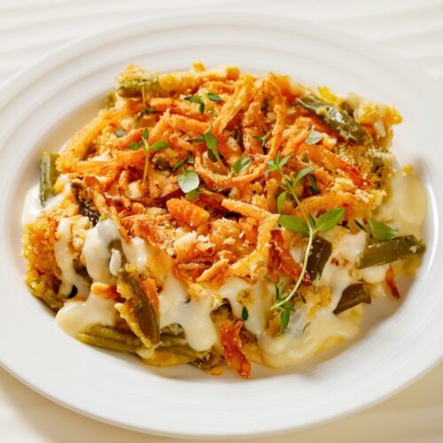 A delicious way of making a traditional green bean casserole with Alfredo sauce.