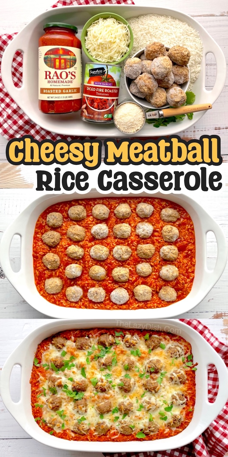 This cheesy meatball dinner casserole is made with frozen meatballs, instant white rice, pasta sauce, and lots of yummy cheese. Simply place everything into a 9x13 baking dish, cover with foil, and bake until the rice is cooked through. Perfect for a large family of 6, and fast to prepare for mom and dad on work days.