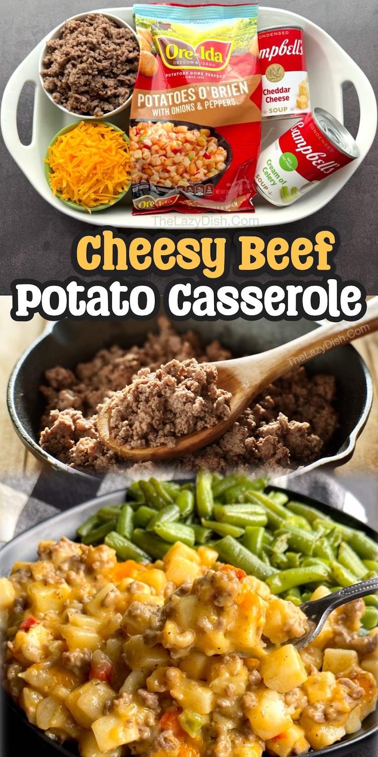 You can't go wrong with this cheesy frozen potato and ground beef dinner idea. It's creamy, gooey, filling, and budget friendly even for a large family with kids. Simply mix the beef with a bag of frozen potatoes, a few cans of soup, and lots of cheddar. Bake in a big casserole dish and enjoy with your favorite side of veggies or salad.