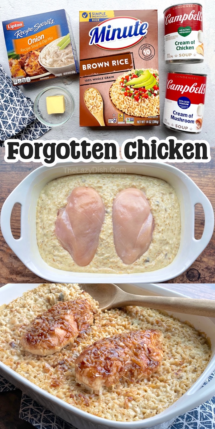 Forgotten chicken is a vintage oven baked dinner recipe made with chicken breasts, canned soup, instant rice, and Lipton onion soup mix. So simple yet insanely delicious and picky eater approved. This kid friendly dinner is great with a side of green beans or broccoli for a quick dinner on hectic school nights.