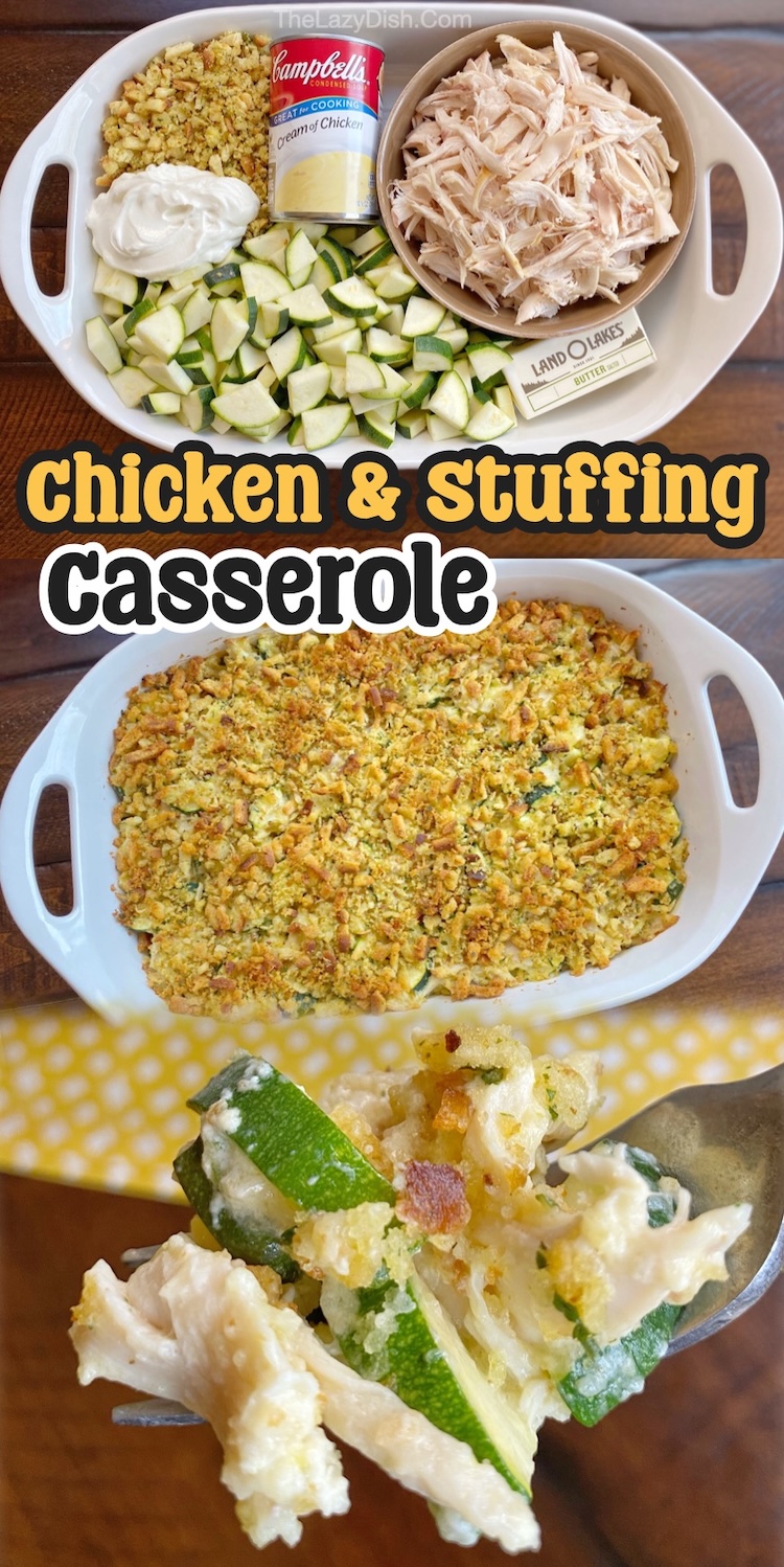 Rotisserie Chicken & Stuffing baked in a large casserole dish with lots of chopped zucchini! Or the green veggies of your choice. This simple and healthy dinner is just perfect for a family of 6 and is approved by kids of all ages, even my fussy toddlers and teens!