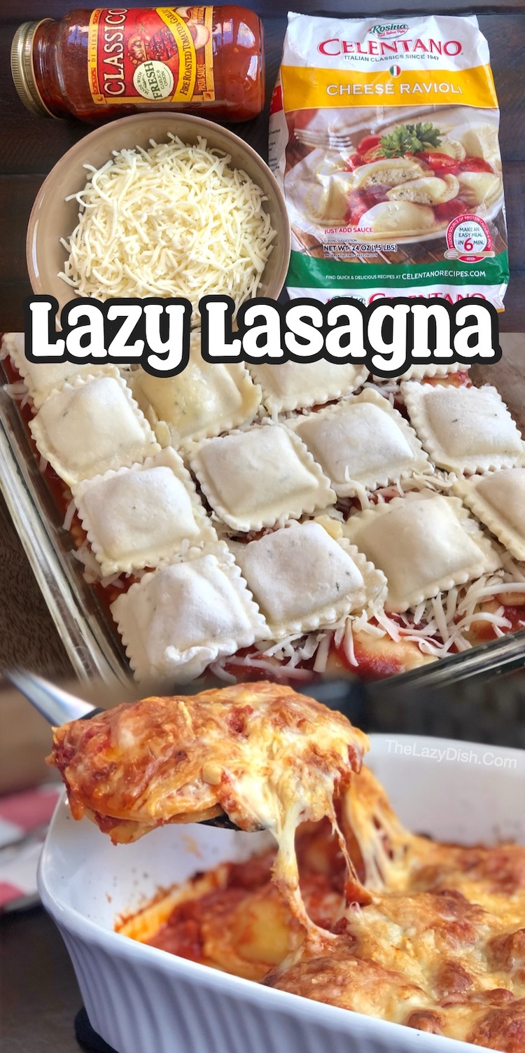 Lazy Lasagna is seriously the easiest dinner you'll ever prepare for your family with just 3 ingredients. This vegetarian dish is customizable, yummy, kid friendly, and only takes 5 minutes to slap together before baking in the oven.