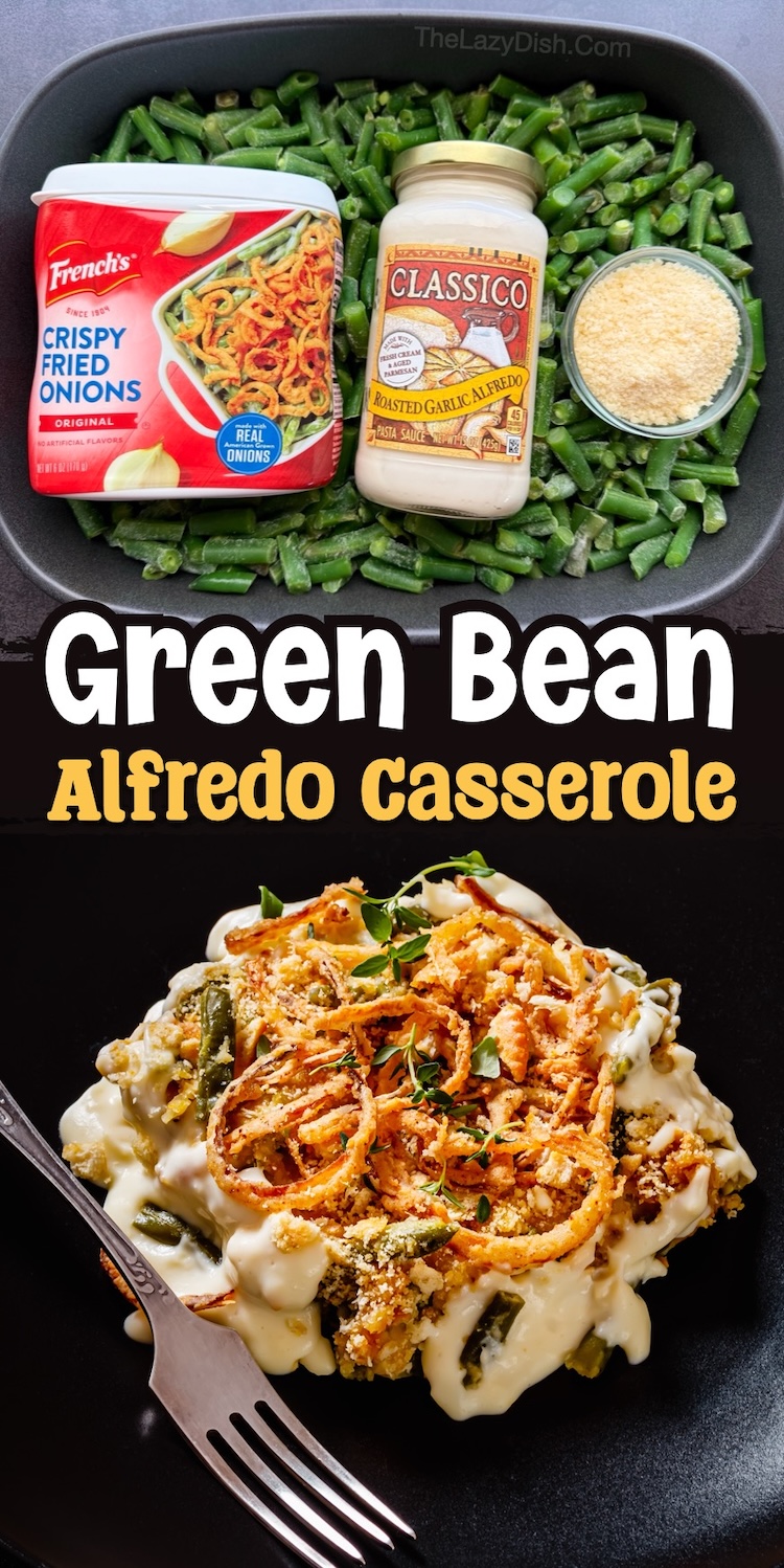 The best way to make a green bean casserole with Alfredo sauce! This yummy vegetable side dish is great for Thanksgiving but it's quick and easy enough to make any night of the week for a casual dinner at home. You picky kids will love it because it's made with no mushrooms!