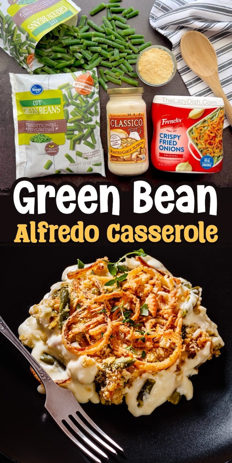 Need a few vegetable side dish ideas for dinner? Try this green bean Alfredo casserole! It's great for holidays, family dinners, Thanksgiving, and more. The Alfredo sauce is so much better than the traditional cream of mushroom soup, yet just as easy to make thanks to frozen green beans and crispy onions. 