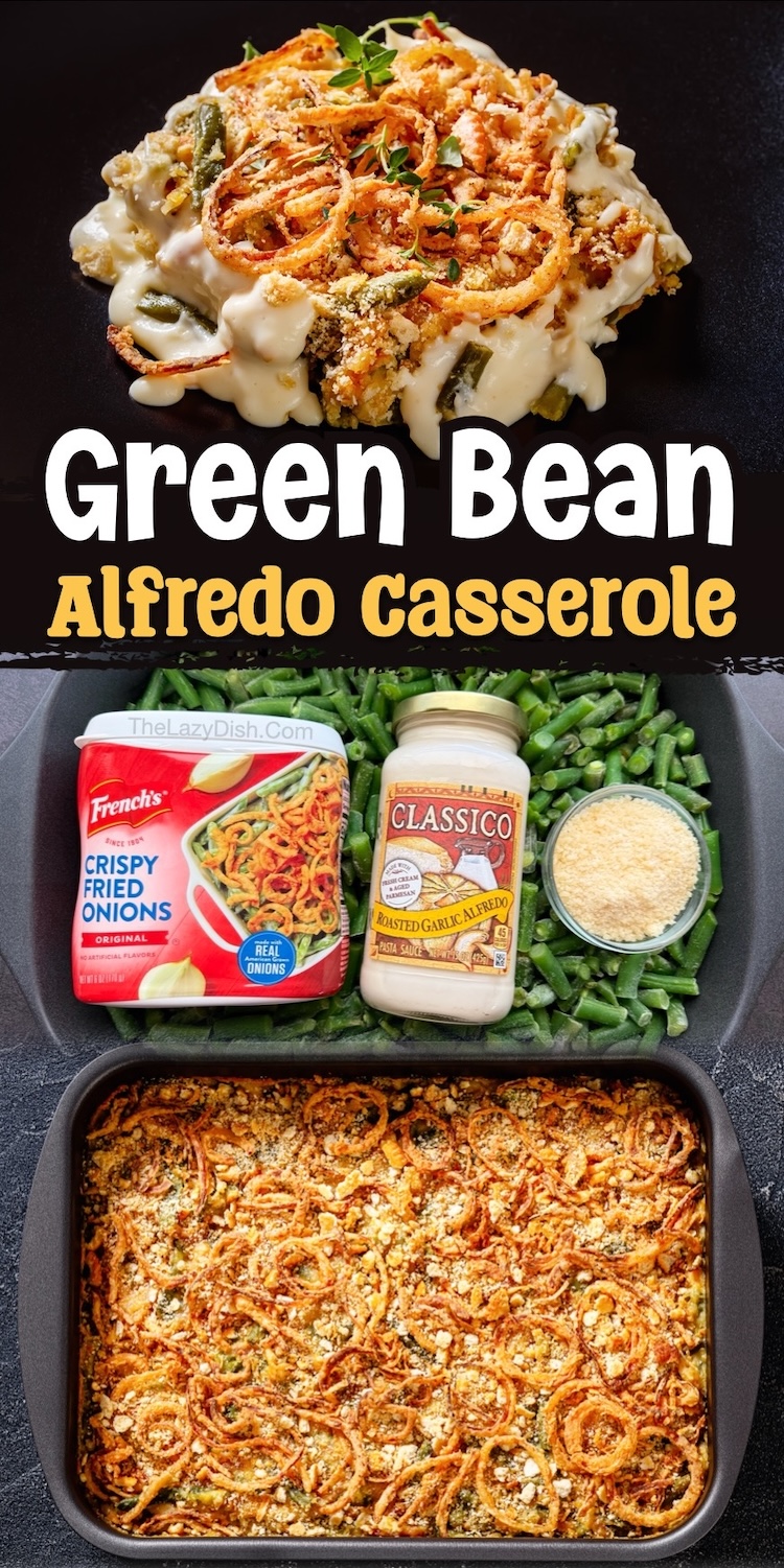 If you're looking for an easy green bean casserole recipe made with no mushroom soup, try Alfredo sauce instead. It's so simple to make with just a few ingredients including frozen green beans, store-bought Alfredo sauce, cheese, and French fried onions. Simple yet impressive for your picky family on Thanksgiving or even a casual weeknight vegetable side dish. 