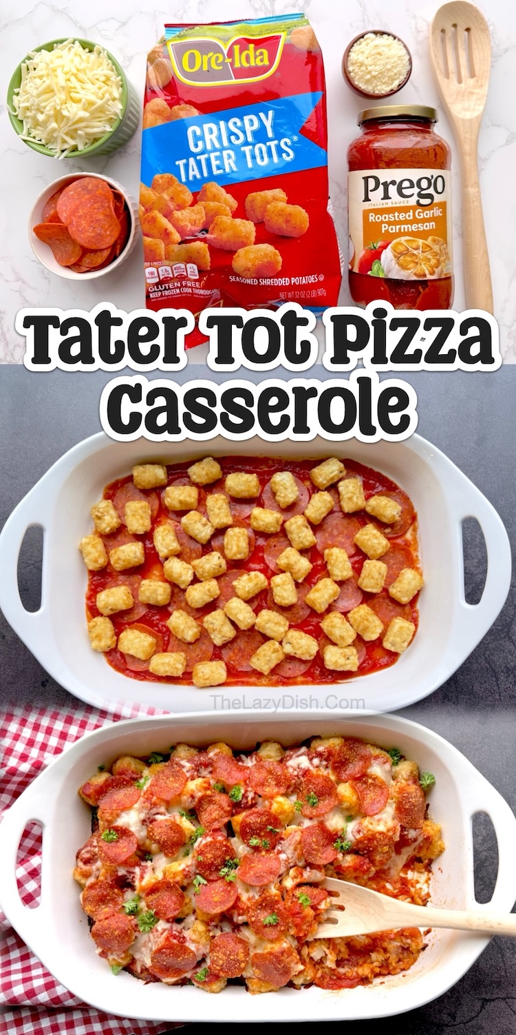 This cheesy tater tot pizza casserole is so fast to make you simply dump and bake it in the oven with all of your favorite pizza toppings and frozen tater tots. If you have a large family with picky eaters to feed, your kids will soon be requesting that you make this delicious dinner idea every night.