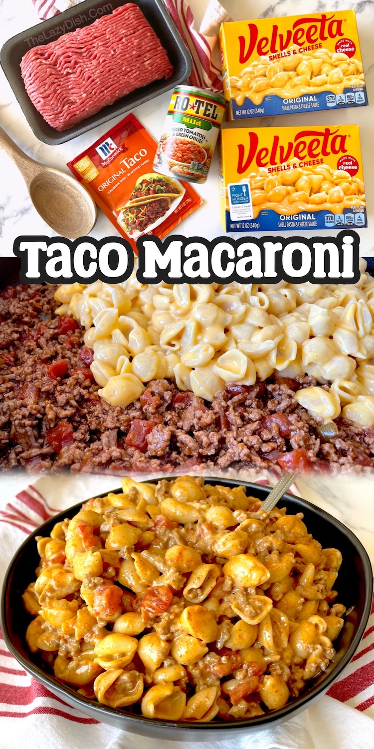 Taco Macaroni is a simple and quick to make weeknight dinner recipe consisting of boxed macaroni and cheese, ground beef, taco seasoning, and a can of diced tomatoes. This cheesy comfort food is budget friendly and kid approved! You could also toss in some veggies if you'd like such as zucchini or bell peppers.