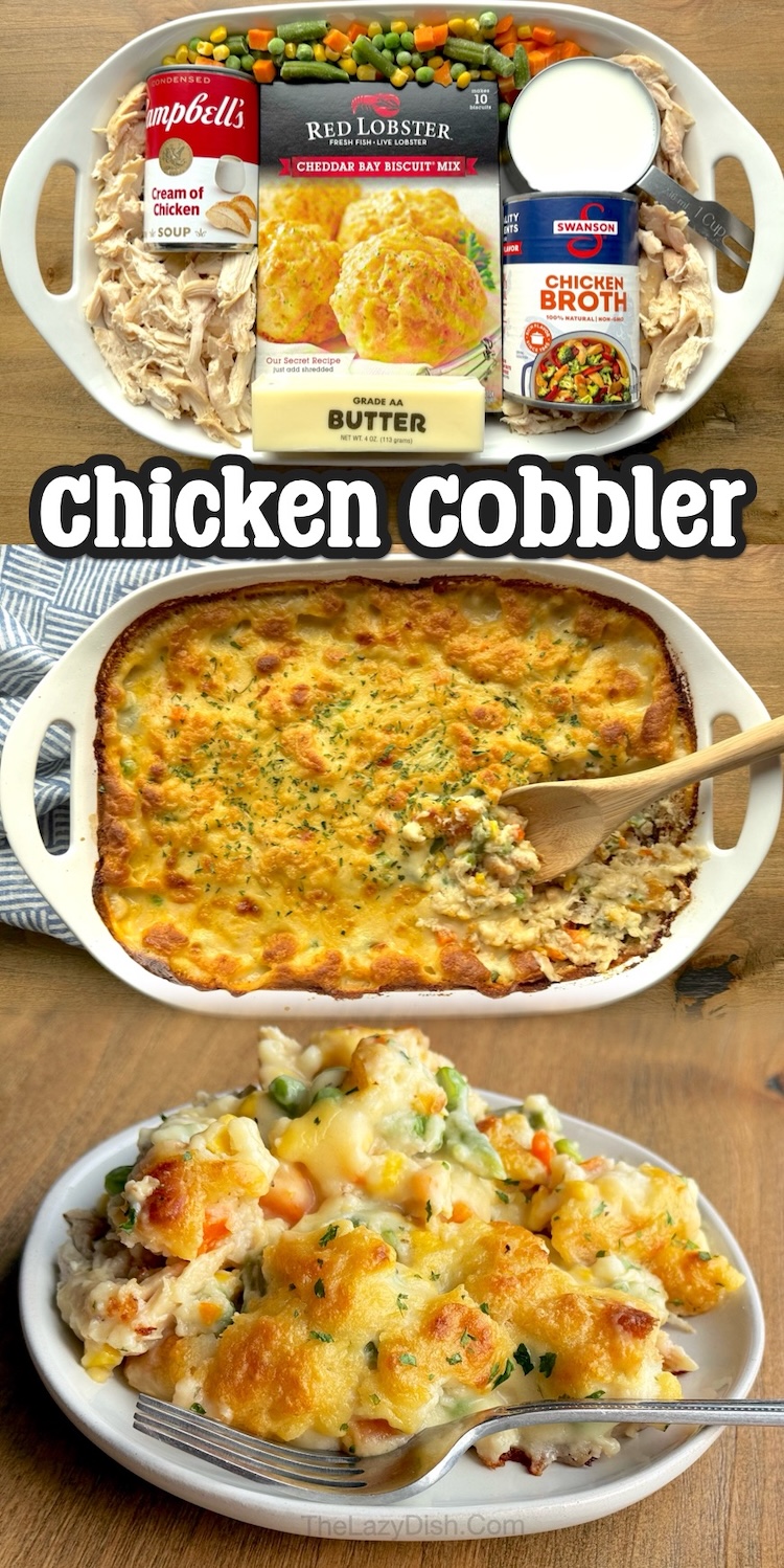 Chicken & Biscuit Cobbler made with rotisserie chicken, creamy canned soup, frozen veggies, and a box of Red Lobster biscuit mix. Makes enough to serve a large family with picky eaters! Add this quick and easy dinner recipe to your menu for hectic school nights.