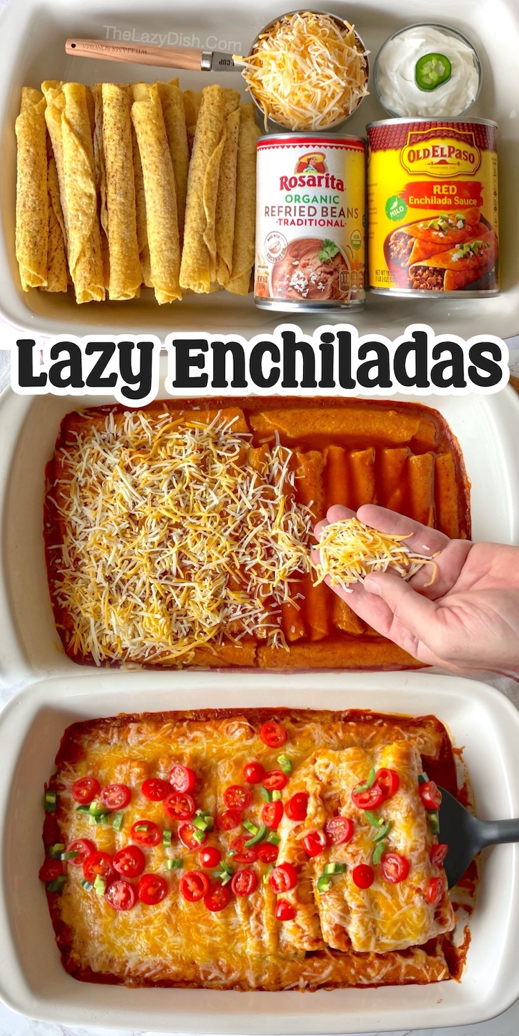 Lazy enchiladas are made with frozen taquitos making this classic Mexican food extra easy to prepare with just one dish to wash. Load your casserole dish up as full as you'd like to customize the servings for the size of your family. It's surprisingly delicious! My kids love this simple meal served with sour cream and avocado.