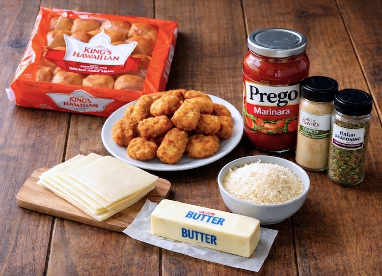 List of simple ingredients needed to make chicken sliders with frozen chicken nuggets and sweet Kings Hawaiian rolls.