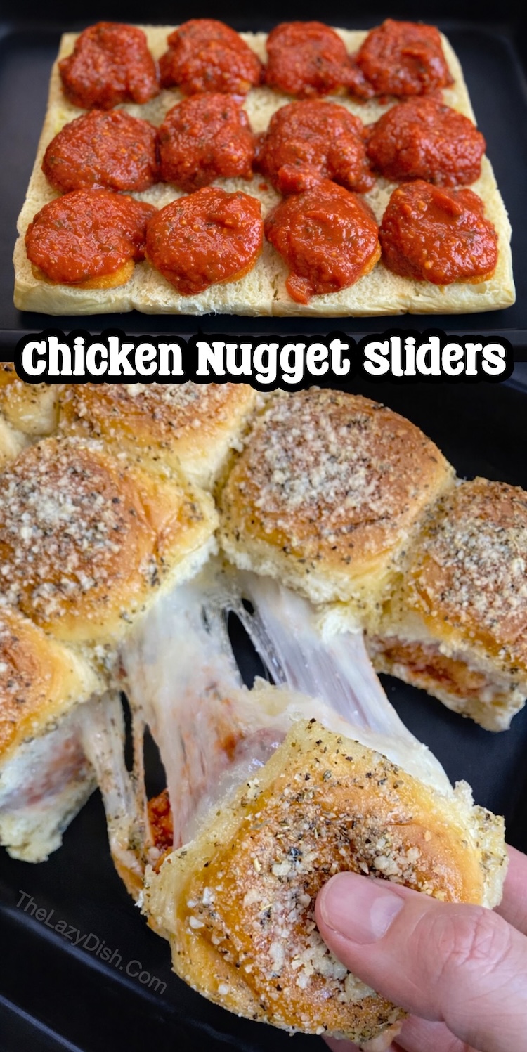 Buttery baked mini chicken sandwiches made with frozen chicken for a quick and easy dinner your picky kids will devour! Simply stuff Hawaiian rolls with chicken nuggets, marinara, and lots of mozzarella. Brush with seasoned butter and bake. This recipe makes 12 mini sandwiches that make for a yummy handheld dinner.