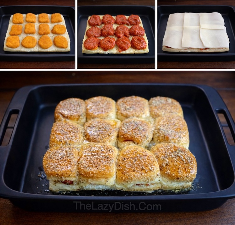 Step by step instructions on how to make yummy baked chicken sliders with frozen chicken nuggets, pasta sauce, and cheese.