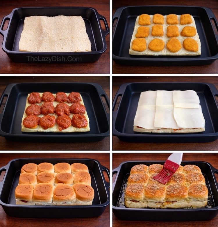 The process of making baked chicken nugget sliders brushed with garlic butter.