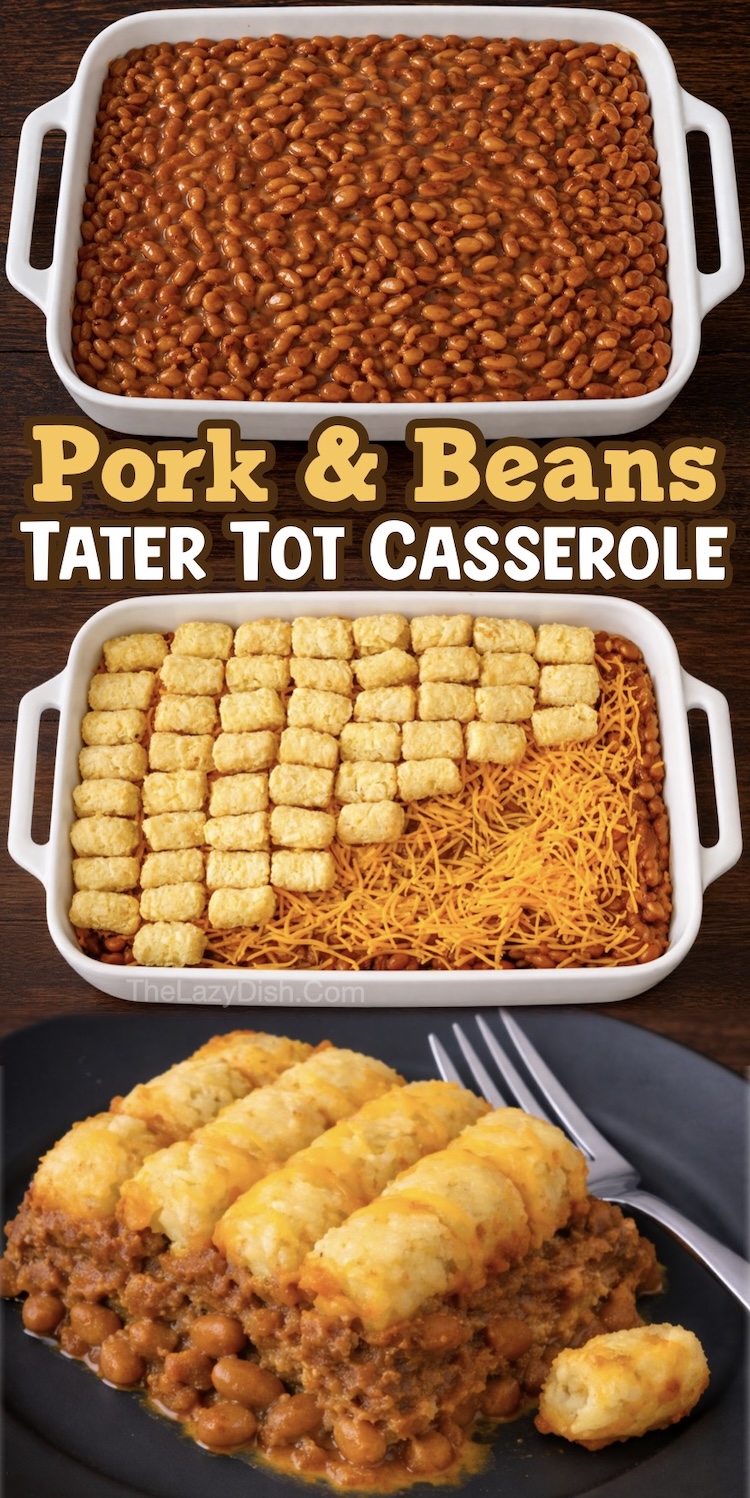 Number 11 on the List of Easy Dinner Casseroles Made With Tater Tots | How about bbq pull pork and beans! Top that delicious barbecue mixture with crispy frozen tater tots to make a simple yet delicious dinner casserole your entire family will love.