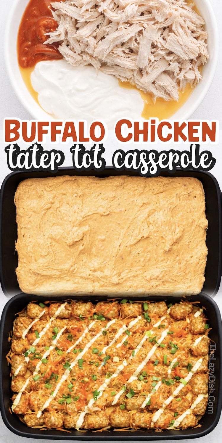 Number 9 on the List of Tater Tot Dinner Casseroles | This Baked Buffalo Chicken is extra crispy and tasty thanks to frozen tater tots! Those crispy spuds are the perfect combination to the cream chicken mixture.