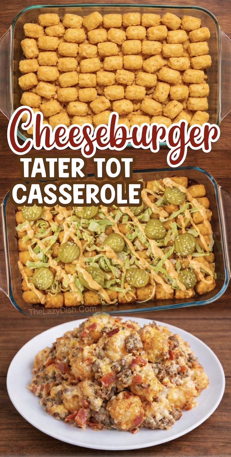 Number 10 on the List of Tater Tot Dinner Ideas | A Cheeseburger in the form of a casserole with everyone's favorite hamburger side-- tater tots! This main dish is cozy, easy to make, kid friendly, and versatile. Toss in anything you'd like to the ground beef mixture such as crispy bacon, pickles, peppers, etc.