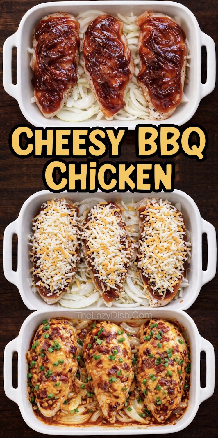 Number Two on the List of Easy Baked Chicken Breast Recipes | Cheesy BBQ Baked Chicken Breasts made with onions and lots of gooey cheese for a quick weeknight meal. Simply dump, layer, and bake. 