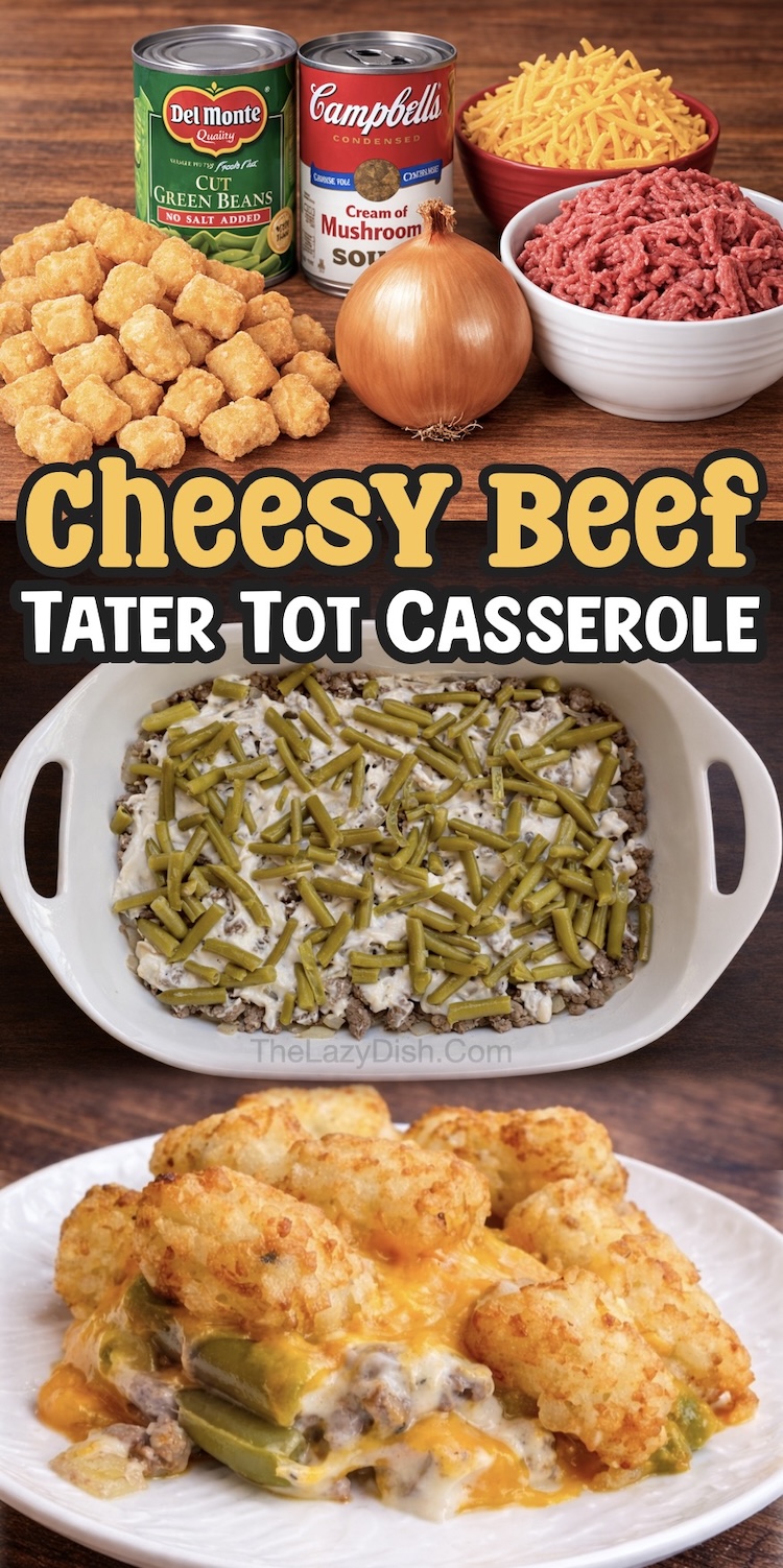 Number 4 on the List of Tater Tot Dinner Ideas | Cheesy Ground Beef with Tater Tots for dinner tonight! Make these popular ingredients into a casserole by simple layering and baking until golden brown.