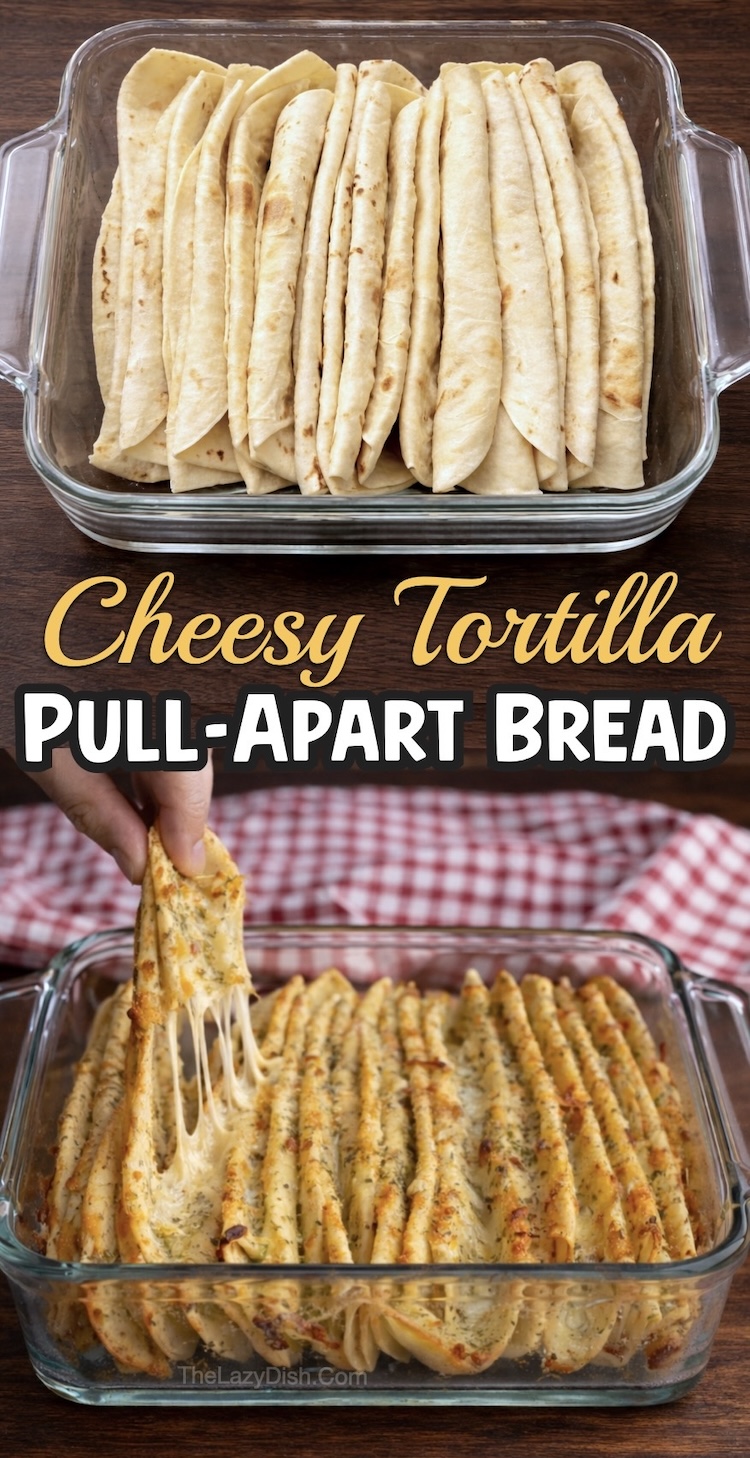 Flour tortillas folded and stuffed into a baking dish with mozzarella cheese and a yummy olive oil seasoning blend of garlic and Italian seasoning. Bake in the oven for a fun and easy savory treat or comfort food side dish to go with dinner.