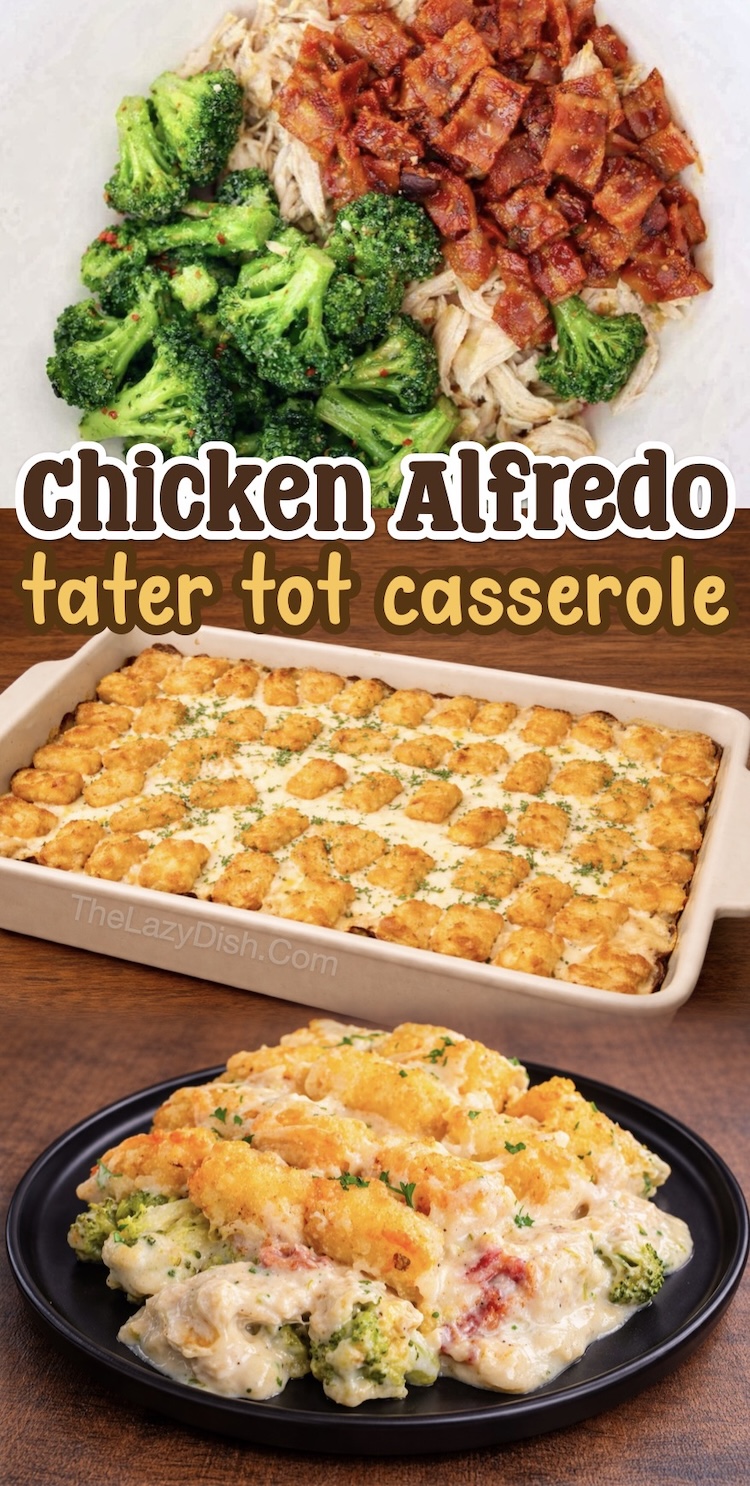 Number 5 on the List of Tater Tot Dinner Ideas | My kids love chicken alfredo and I just discovered a fun and delicious way of making it with frozen tater tots instead of pasta! This kid friendly casserole is so simple to make with any kind of chicken.
