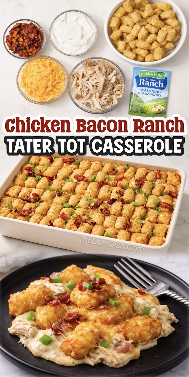 Number 1 on the List of Tater Tot Dinner Ideas | This Chicken Bacon Ranch Potato Casserole is classic comfort food your picky family will want you to make again and again. Use any kind of chicken including rotisserie, leftover, canned, or baked.