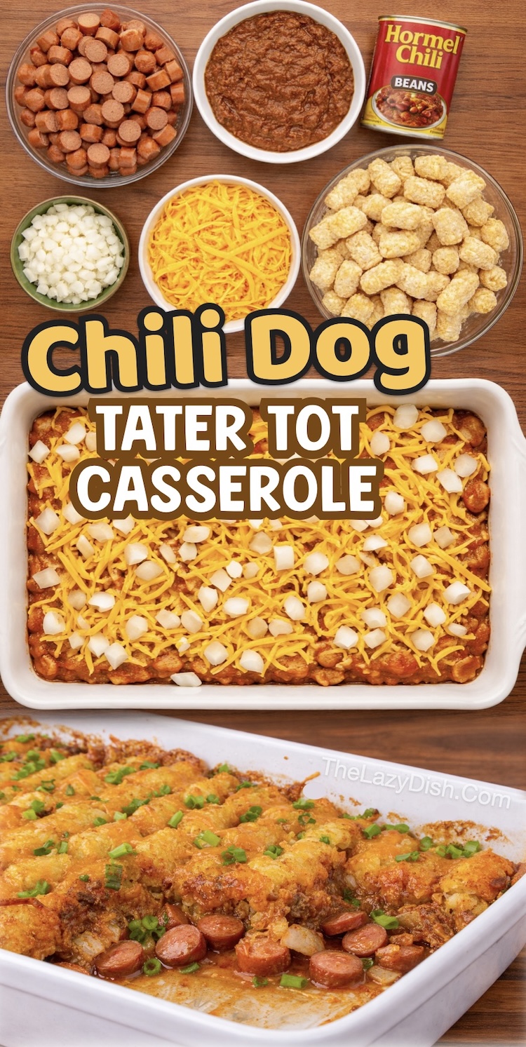 Number 14 on the List of Tater Tot Dinner Ideas | Hot Dogs & Chili baked in the oven topped with crispy tater tots! If you want to make a special dinner for your picky eaters, this combination of several comfort foods comes together like magic in the oven. Simply dump, bake, and relax.