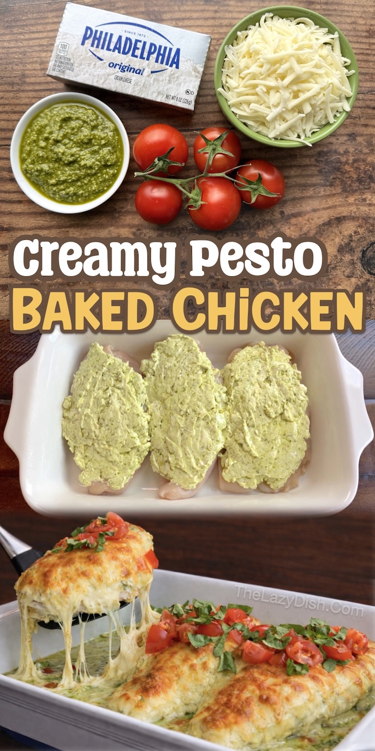 Number Four on the List of Easy Baked Chicken Breast Recipes | Cheesy Pesto Baked Chicken is made with just a few chicken breasts topped with a yummy mixture of cream cheese and basil pesto. Sprinkle with mozzarella and bake for a flavorful and creative way to bake chicken breasts in the oven. 