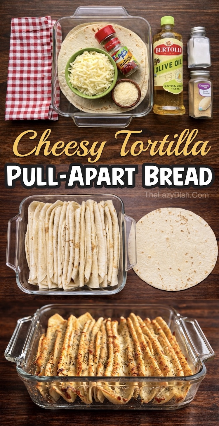 How to make cheesy pull-apart bread in your oven with flour tortillas, mozzarella, olive oil, and seasoning. Step by step instructions to make this yummy comfort food snack or savory side dish.