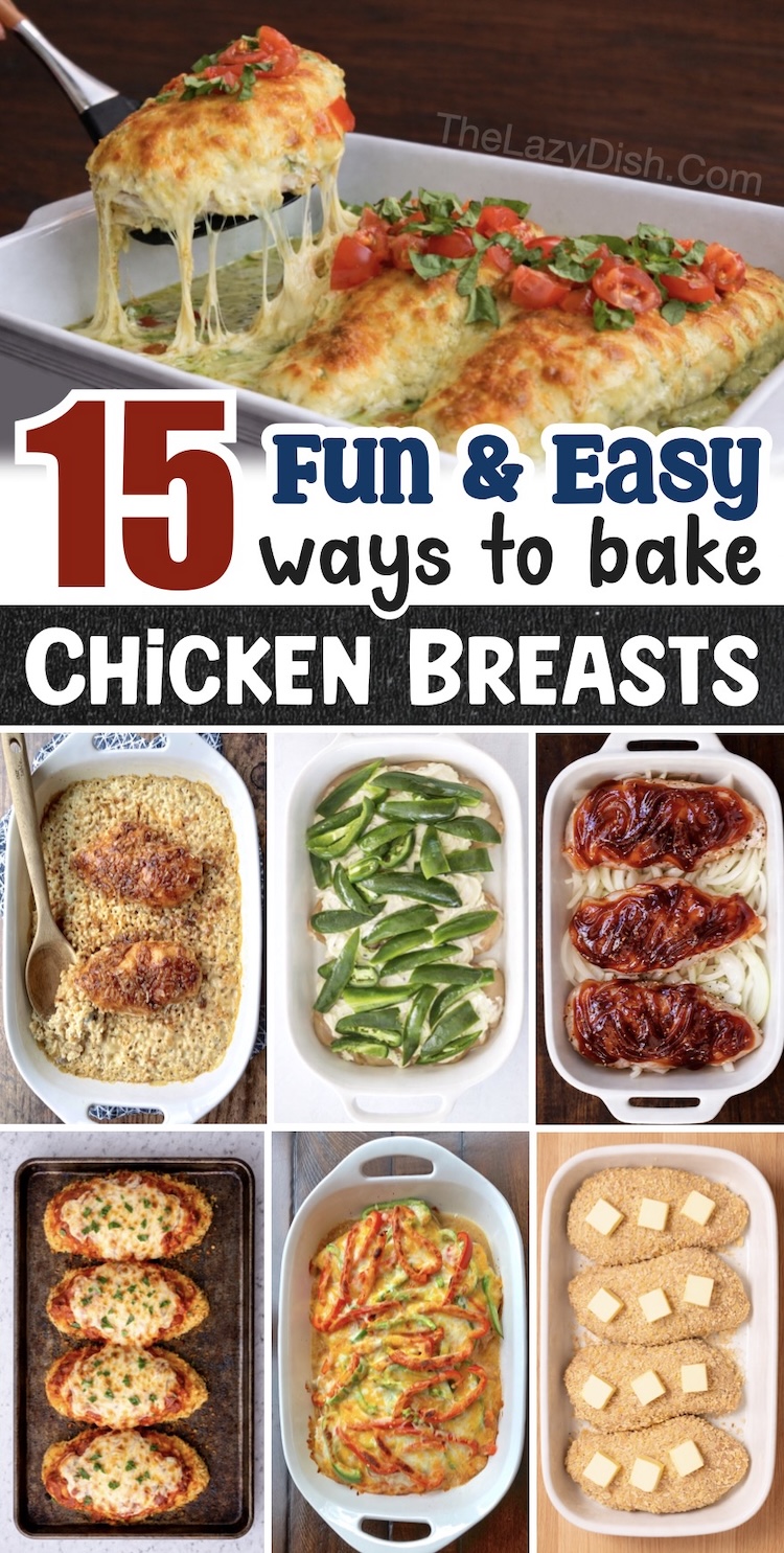 List of simple and creative ways to bake chicken in the oven for dinner with common ingredients. These tasty meals are great for families with kids on busy weeknights when you need a yummy and hassle free meal to make using chicken breasts. 