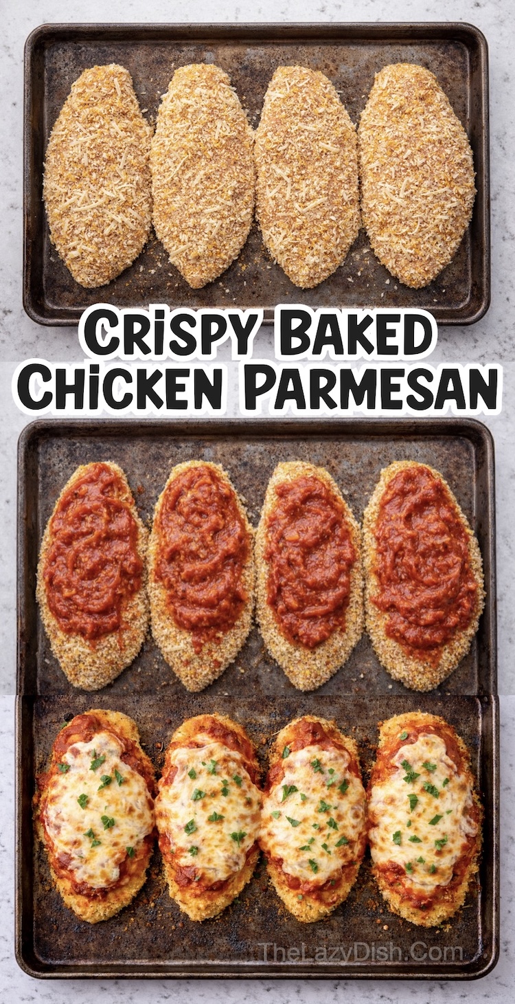 Number Five on the List of Easy Baked Chicken Breast Recipes | This Baked Chicken Parmesan recipe is an easy and quick way to make this Italian favorite dinner with just a few common ingredients. Simply coat with breading, bake, top with marinara and cheese, bake again, and you've got a simple weeknight family meal. 