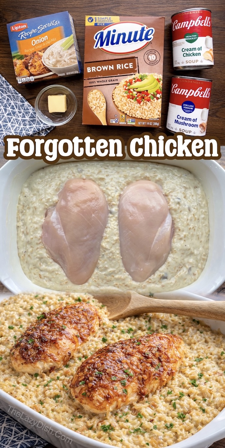 Number One on the List of Easy Baked Chicken Breast Recipes | Forgotten Chicken is a classic dinner recipe thrown together in the oven with just a handful of cheap ingredients. Creamy comfort food suitable for a family with picky kids. 