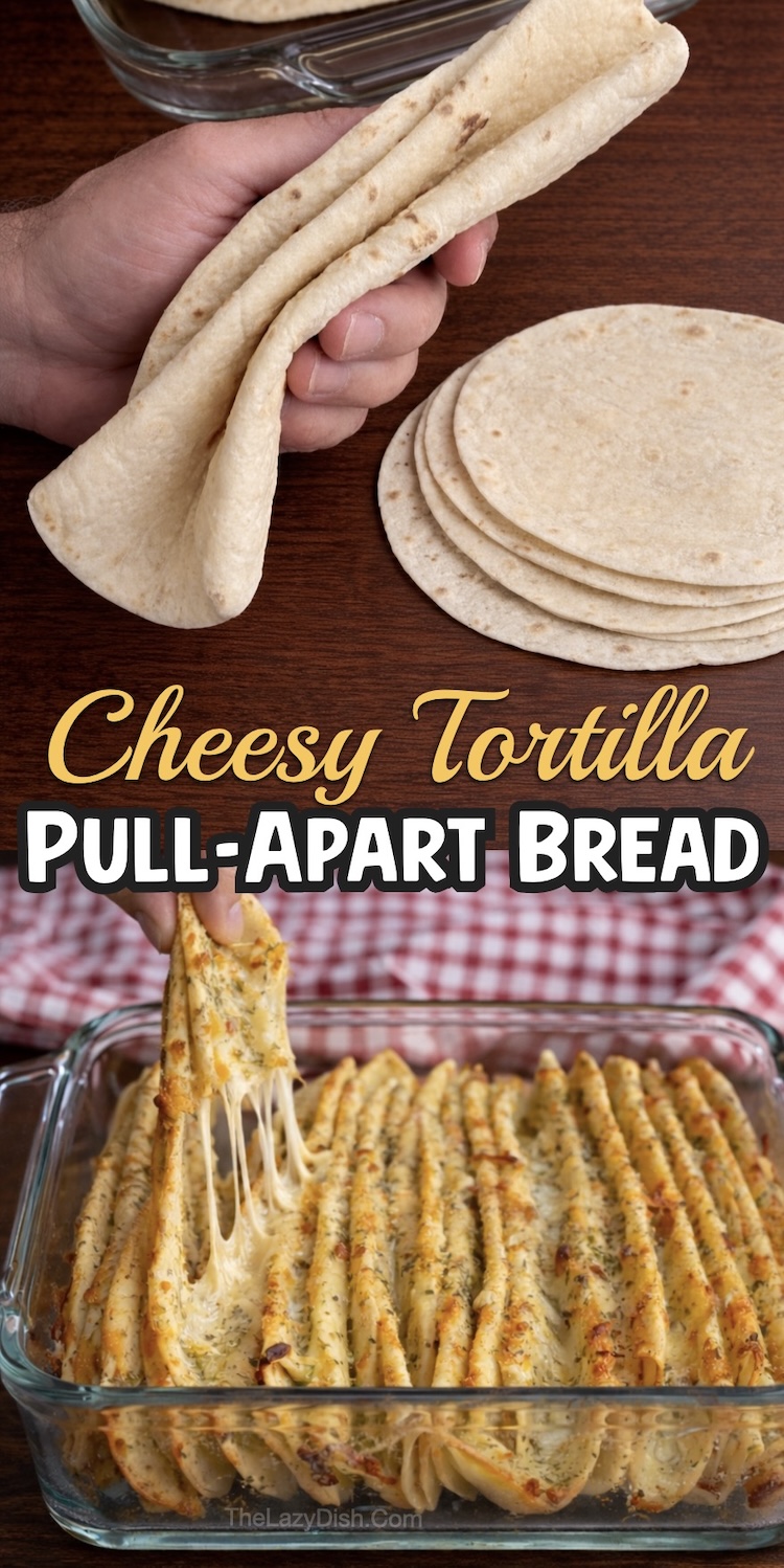 Use flour tortillas to make cheesy pull-apart garlic bread in your oven, a quick and easy snack or side dish for any meal. Here are the step by step instructions with lots of photos on how to make this amazing comfort food.