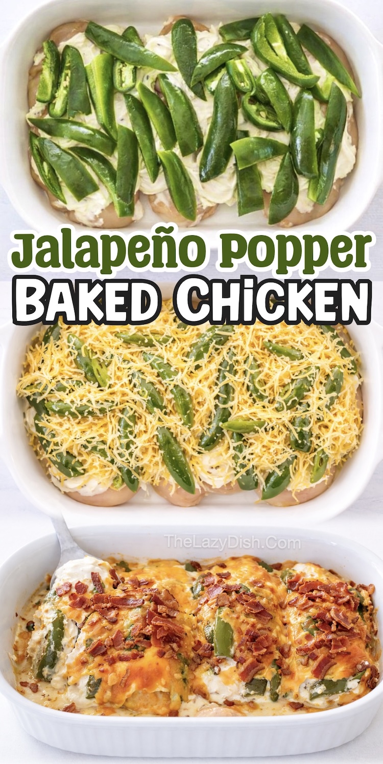 Number Eleven on the List of Easy Baked Chicken Breast Recipes | Baked Jalapeno Popper Chicken is made with just a few ingredients including cream cheese, sliced jalapenos, and shredded cheese. Don't forget to top with crispy bacon for a delicious meal your family will love. 