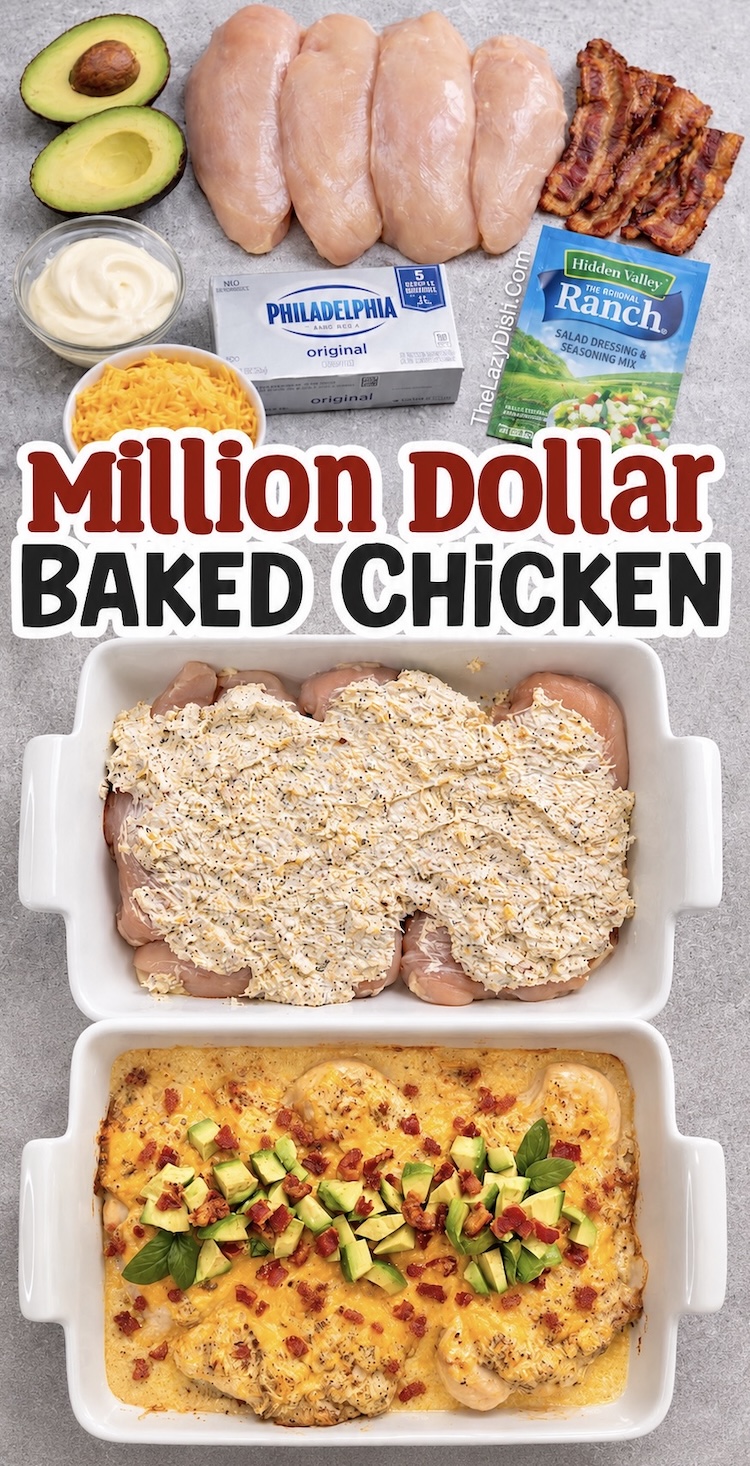 Number Six on the List of Easy Baked Chicken Breast Recipes | Million Dollar Baked Chicken is an amazing comfort food recipe made with cream cheese, cheddar, ranch, and bacon. Serve this easy dinner alone, with rice, or with a side of noodles.