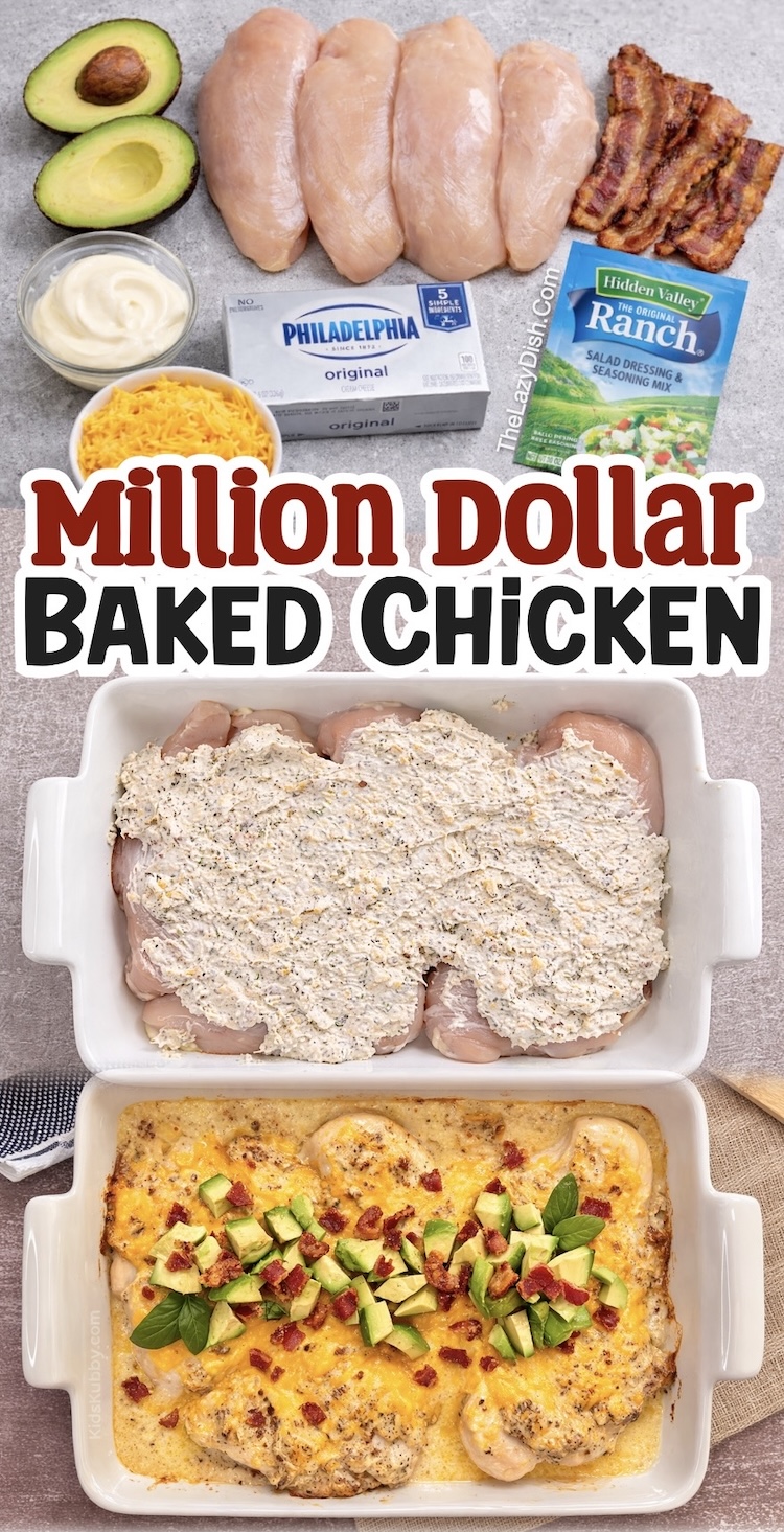 Number Six on the List of Easy Baked Chicken Breast Recipes | Million Dollar Baked Chicken is an amazing comfort food recipe made with cream cheese, cheddar, ranch, and bacon. Serve this easy dinner alone, with rice, or with a side of noodles. 