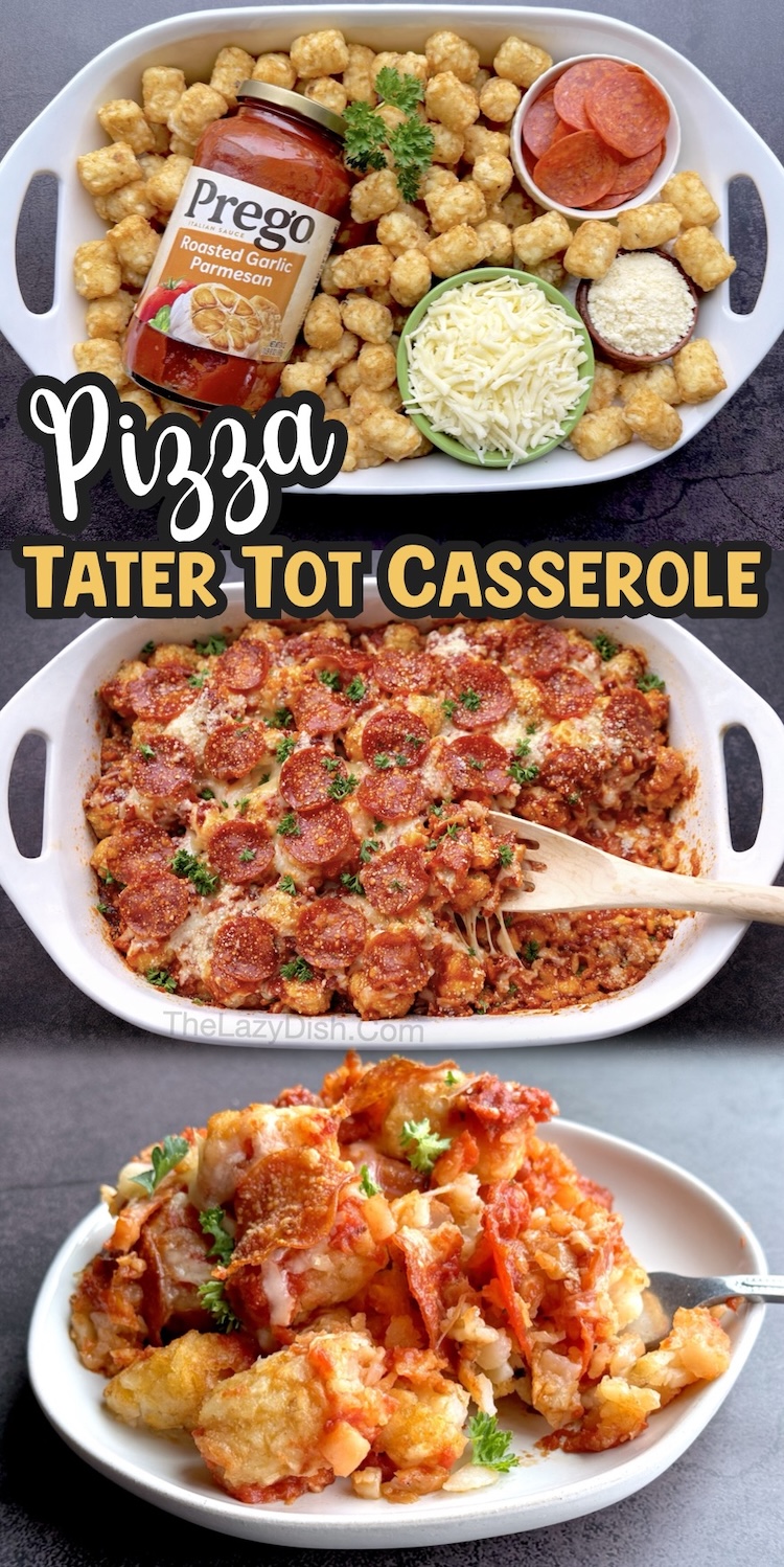 Number 3 on the List of Tater Tot Dinner Ideas | Pepperoni Pizza Tater Tot Casserole is a family favorite dinner for busy weeknight meals, especially if you have picky eaters to feed! It's budget friendly and so simple to dump and bake for busy moms.