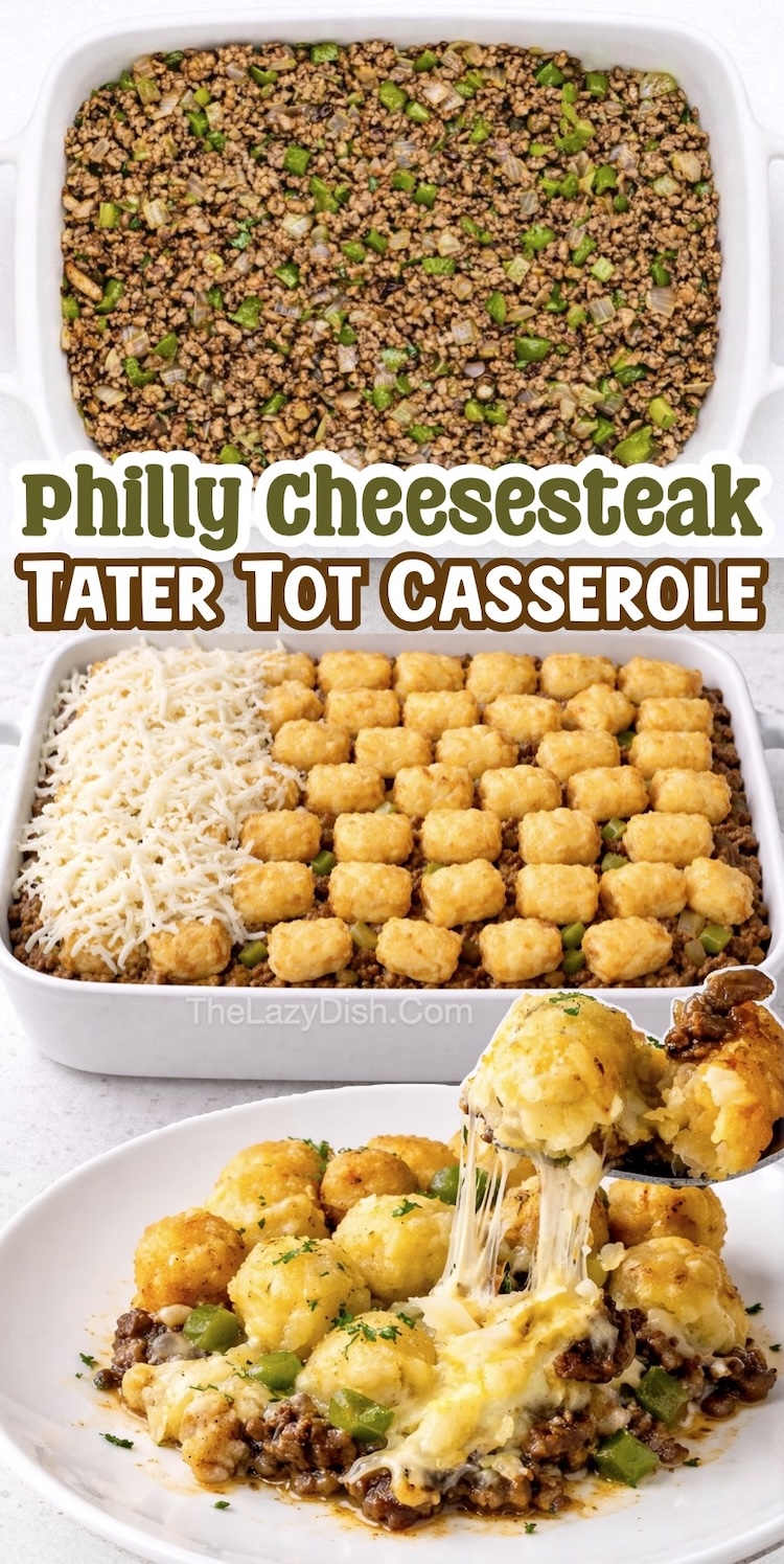 Number 6 on the List of Easy Tater Tot Dinner Recipes | This Yummy Philly Cheesesteak Casserole is topped with crispy tater tots to make a creative dinner that will impress your family. This is my husband's favorite comfort food dinner and it's simple to make with few ingredients.