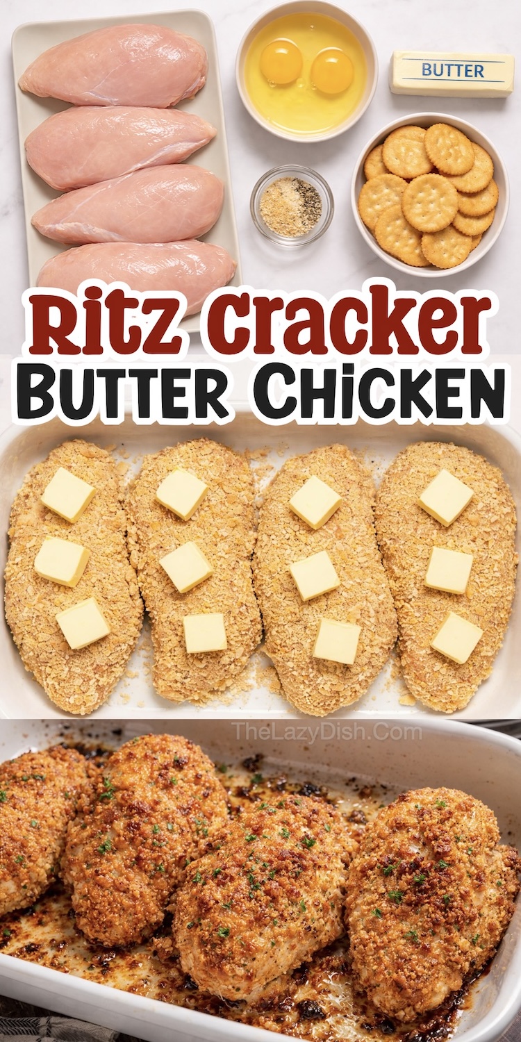 Number Three on the List of Easy Baked Chicken Breast Recipes | Ritz Cracker Butter Chicken is made by coating chicken breasts in egg and crushed crackers with seasoning, placing them in a 9x13 baking dish, and topping with butter. Bake and serve with your favorite dinner sides for a kid friendly meal. 