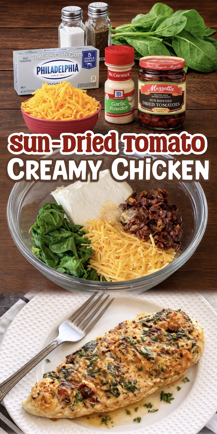 Number Twelve on the List of Easy Baked Chicken Breast Recipes | Creamy Sun-Dried Tomato Baked Chicken is a healthy yet delicious way to enjoy chicken. It's loaded with fresh spinach yet tastes like something you'd get at a fancy restaurant. 
