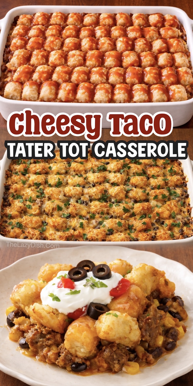 Number 13 on the List of Tater Tot Dinner Recipes | Add this Taco inspired Tater Tot Dinner Casserole to your dinner menu for busy weeknight meals. It's tasty, easy to make, kid approved, and cheap to prepare with ground beef and all of your favorite taco ingredients.