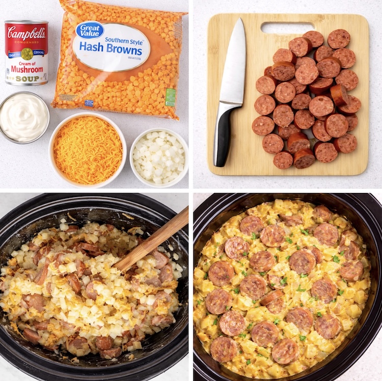 Easy dinner made in a crockpot with frozen hash browns, sausage, cheese, and creamy soup to make a yummy casserole for a large family with kids. 
