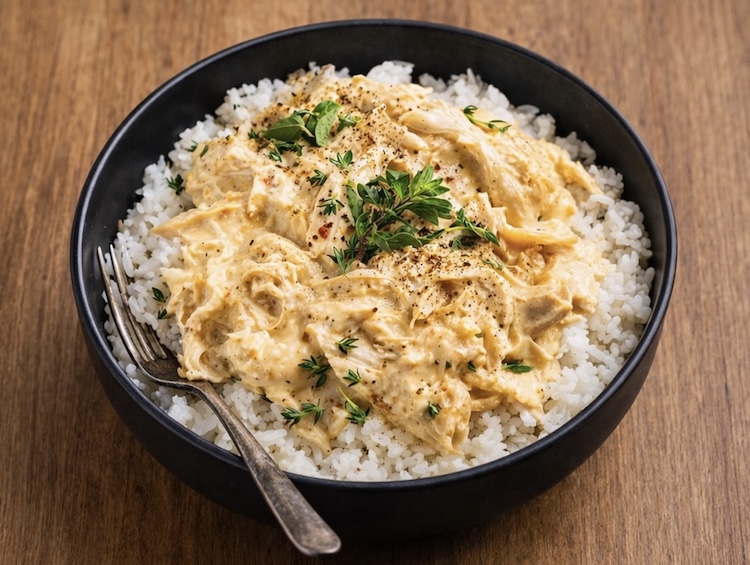 Shredded Italian chicken over rice in a black bowl ready to be served for dinner. 