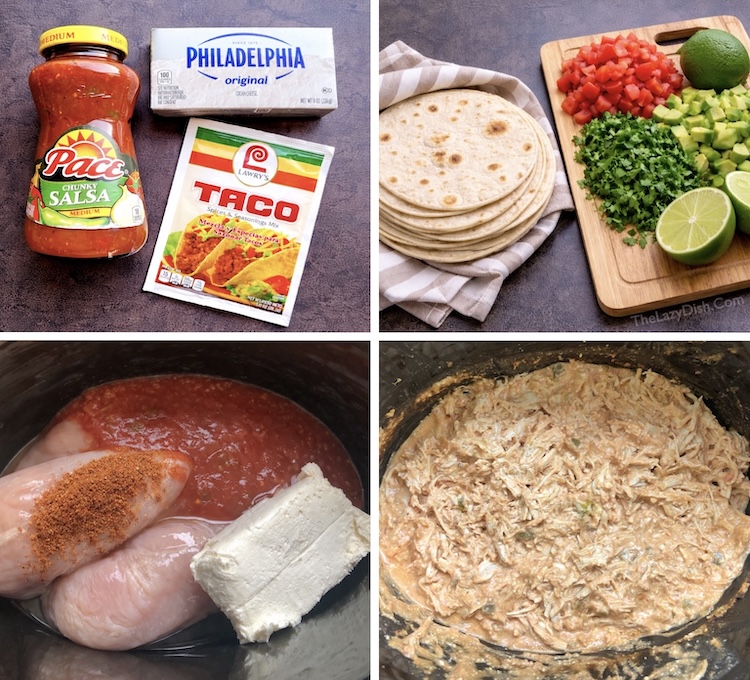 How to make chicken tacos with few ingredients in your slow cooker with taco seasoning, salsa, and cream cheese. A great family friendly meal served tortillas or over rice. 