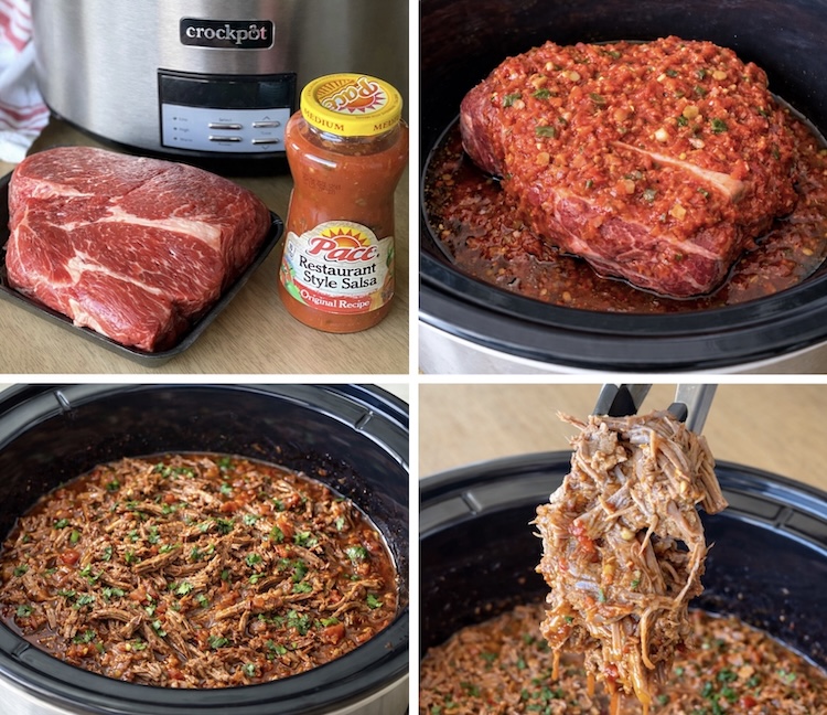 Salsa beef pot roast in a slow cooker, hot shredded, tender and juicy for serving over mashed potatoes or rice. 