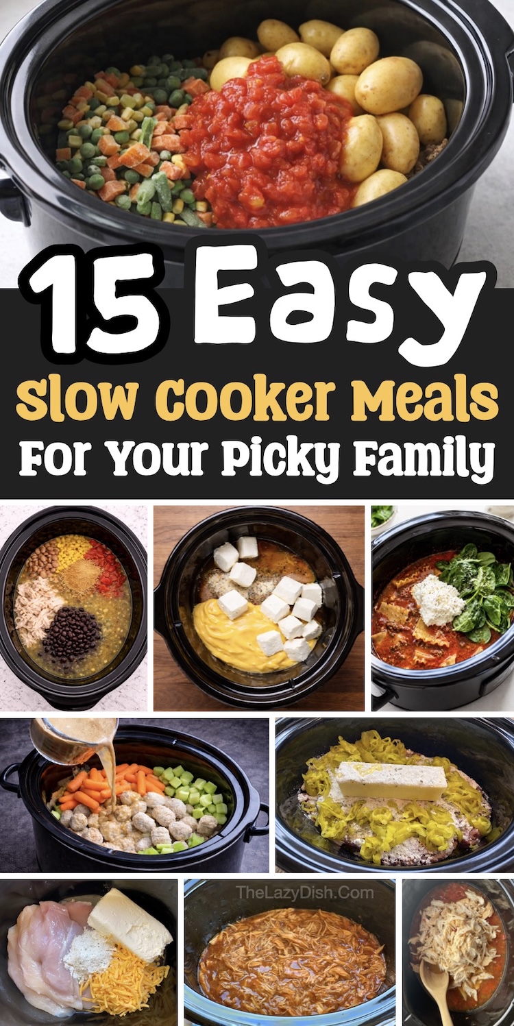 If you have a family with picky kids to feed, slow cooking is the way to go! I've rounded up 15 easy weekday dinner ideas made in a crockpot with just a few cheap ingredients. Everything from chicken and beef to creamy soups and juicy sandwiches. These are great dump and go meals for busy parents on a budget!