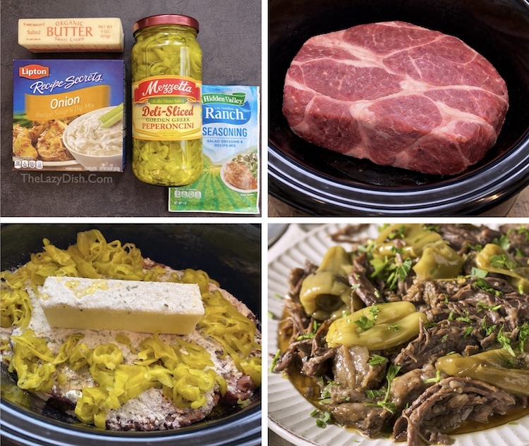 How to make a delicious crockpot beef dinner with a chuck roast, peppers, butter, and ranch seasoning mix. Eat in a sandwich, over rice, or with mashed potatoes for a yummy hot comfort food dinner. 