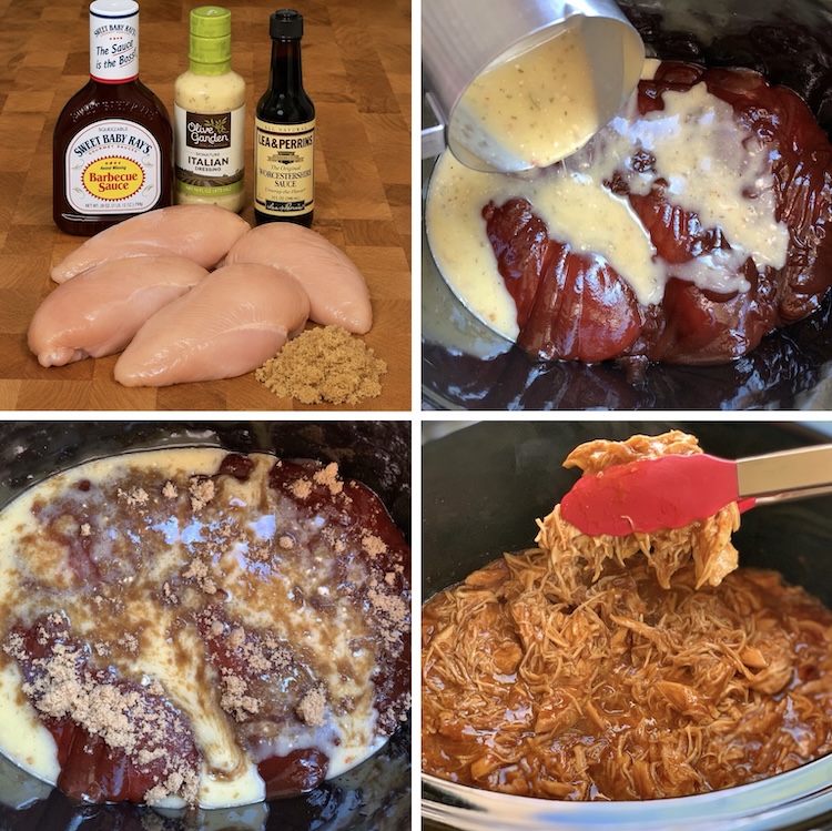 Delicious and easy slow cooker bbq shredded chicken made for sandwiches. This family friendly meal is great served in toasted buns with crunchy coleslaw. 