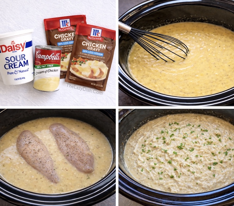 Yummy tender shredded chicken crockpot dinner made with few ingredients including cream of chicken soup, gravy mix, and sour cream. 